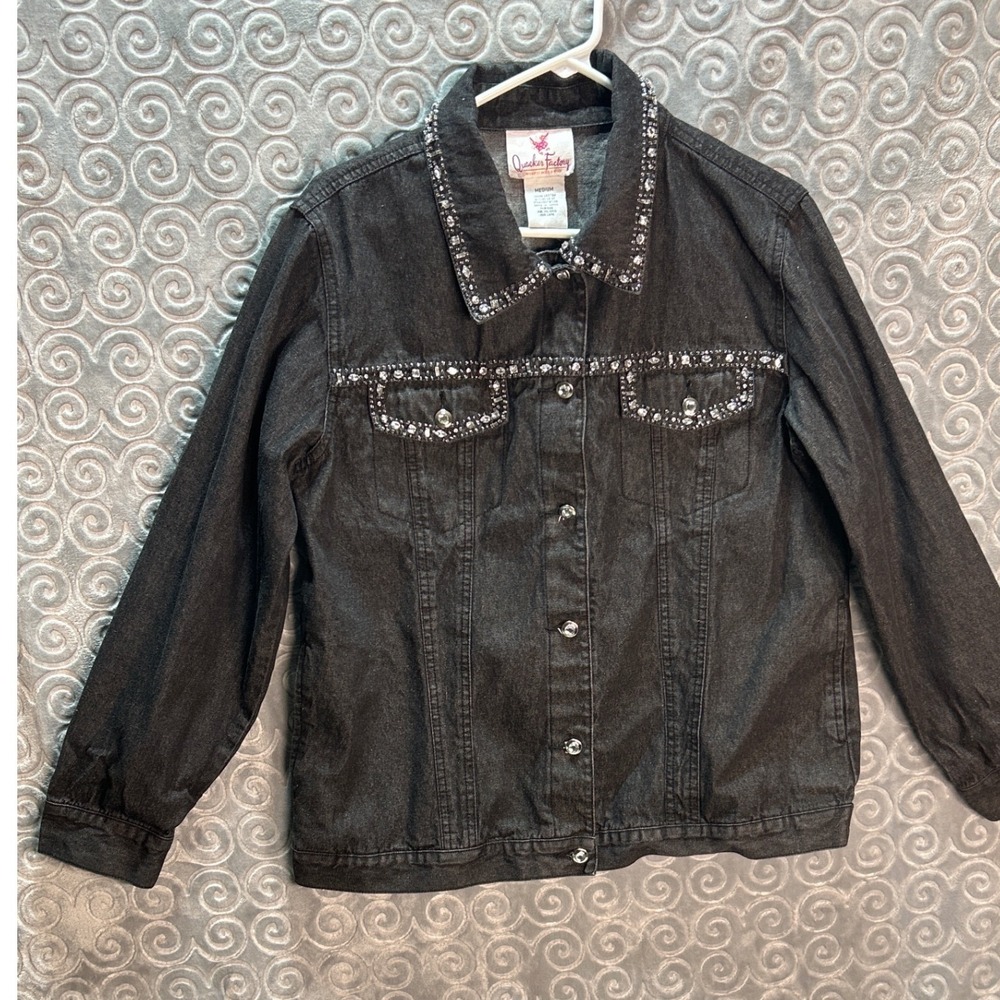 Quacker Factory Rhinestone‎ Embellished Denim Jacket Black Jean Jacket Medium